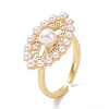 Clear Cubic Zirconia Horse Eye Open Cuff Ring with Acrylic Pearl Beaded RJEW-P032-13G-1