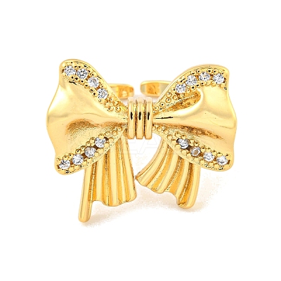 Brass Micro Pave Clear Cubic Zirconia Bowknot Open Cuff Ring for Women RJEW-M173-04A-G-1