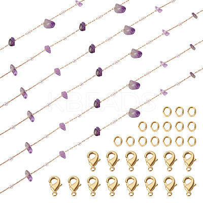 3m Natural Amethyst Chips & ABS Plastic Imitation Pearl Beaded Chains Necklace Making Kits CHC-TA0001-30D-1