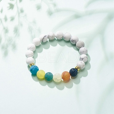 Synthetic Howlite & Weathered Agate(Dyed) Round Beaded Stretch Bracelet BJEW-JB08399-01-1