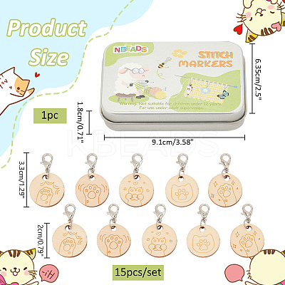 Wood Flat Round with Paw Print Pendant Locking Stitch Markers HJEW-NB00118-1