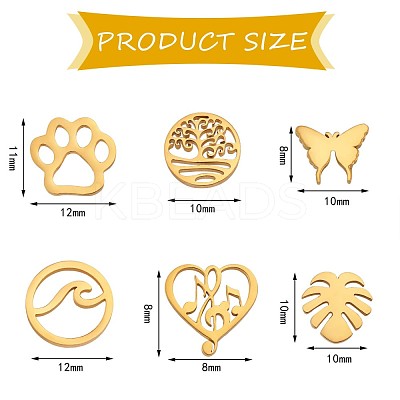 6 Pairs 6 Style Butterfly & Leaf & Tree of Life & Cat Claw Print & Music Note & Wave 316 Surgical Stainless Steel Stud Earrings for Women JE932A-1