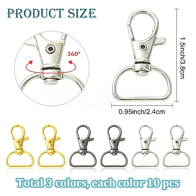 30Pcs 3 Colors Zinc Alloy Swivel D Rings Lobster Claw Clasps FIND-YW0008-62-1