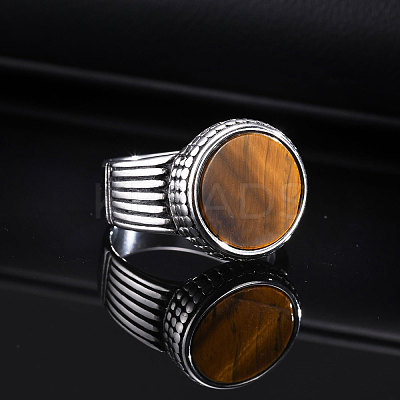 304 Stainless Steel with Natural Tiger Eye Finger Rings for Men FS-WGE1297-03-1