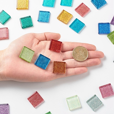 Square with Glitter Powder Mosaic Tiles Glass Cabochons DIY-P045-04B-1