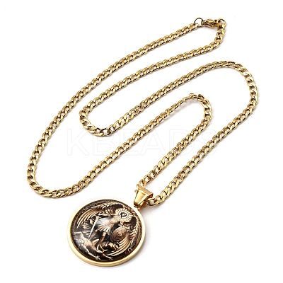 201 Stainless Steel Glass Flat Round with Archangel Michael Pendant Necklaces for Women LS-NJEW-M105-09G-1