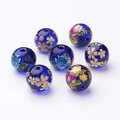 Flower Picture Transparent Glass Round Beads GFB-R004-14mm-M17-1