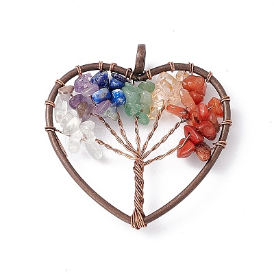 7 Chakra Heart Natural Mixed Stone Copper Wire Wrapped Chip Big Pendants G-E195-13R-1