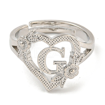 Heart with Letter & Flower Rack Plating Brass Adjustable Rings for Women RJEW-I105-05P-G-1