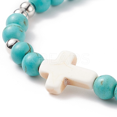 Synthetic Turquoise(Dyed) Braided Bead Bracelet with Synthetic Magnesite Cross BJEW-TA00146-02-1