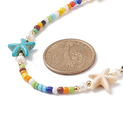 Colorful Synthetic Turquoise Starfish & Shell Pearl & Glass Seed Beaded Necklace for Women NJEW-TA00044-1