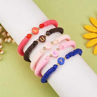 Handmade Polymer Clay Alphabet & Heishi Beads Stackable Stretch Bracelets Set BJEW-SZ0002-10-1