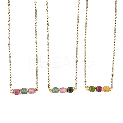 Natural Multicolor Tourmaline Faceted Cube Beads Pendant 304 Stainless Steel Satellite Chain Necklacs for Women NJEW-JN06541-01-1