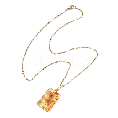 Natural Amber Rectangle Pendant 304 Stainless Steel Cable Chain Necklaces NJEW-JN05981-02-1