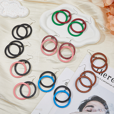 6 Pairs 6 Colors Wood Double Ring Dangle Earrings with Iron Pins for Women EJEW-FI0002-38-1