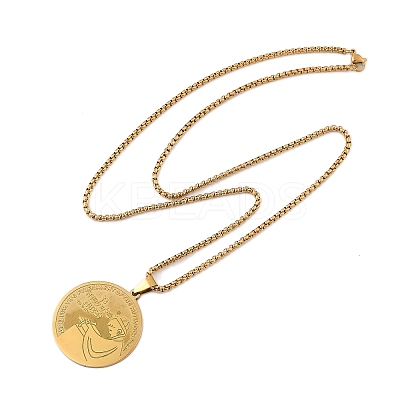 201 Stainless Steel Flat Round with Boy Pendant Box Chain Necklaces for Women Men LS-NJEW-R013-05G-1
