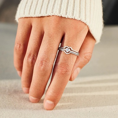 2Pcs Heart 925 Sterling Silver Micro Pave Clear Cubic Zirconia Finger Rings for Women FS-WG4005F-06-1
