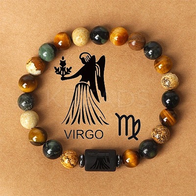 Twelve Constellations Natural Tiger Eye & Picture Jasper & Rhyolite Jasper Round & Column Beaded Stretch Bracelets for Women Men WG6FA5D-08-1