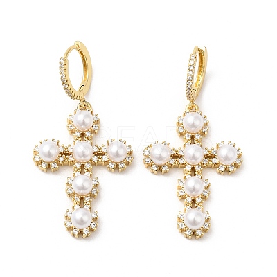 Cubic Zirconia Cross Dangle Hoop Earrings with ABS Plastic Imitation Pearl EJEW-L264-004G-1