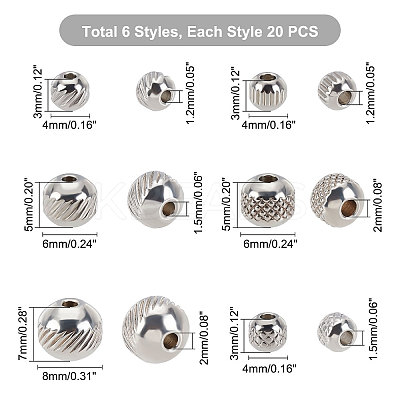 120Pcs 6 Style 304 Stainless Steel Beads STAS-UN0025-48-1