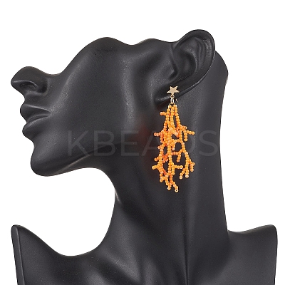 Star with Coral Handmade Glass Seed Beads Tassel Stud Earrings EJEW-MZ00472-02-1