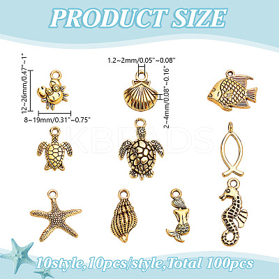 100Pcs 10 Styles Ocean Series Tibetan Style Alloy Pendants FIND-AR0005-87-1