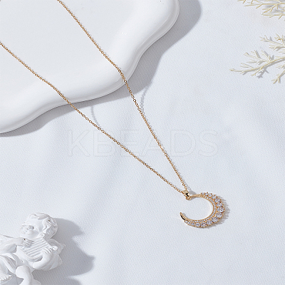 1PC Stainless Steel Pave Clear Cubic Zirconia New Moon Pendant Necklaces NJEW-LP0009-53-1
