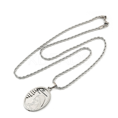 201 Stainless Steel Embossed Virgin Mary Pendant Rope Chain Necklaces NJEW-S387-08P-1