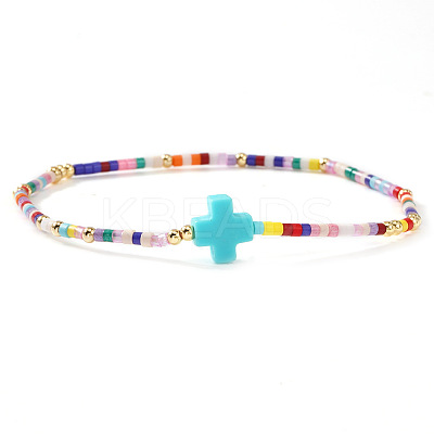 Bohemian Cross Charm Glass Seed Bead & Brass Beads Stretch Bracelet for Women SA4132-7-1