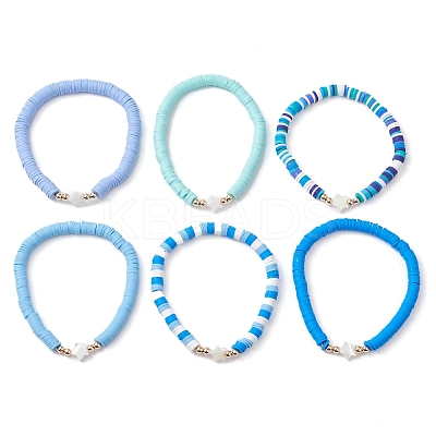 Handmade Polymer Clay with Natural Trochid Shell/Trochus Shell Beaded Stretch Bracelets for Women BJEW-JB10203-02-1