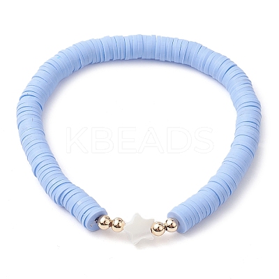 Handmade Polymer Clay with Natural Trochid Shell/Trochus Shell Beaded Stretch Bracelets for Women BJEW-JB10203-02-1