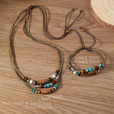 Wood & Alloy & Wax Cord Beaded Necklace & Braided Bead Style Bracelets Sets FS-WG2541A-01-1