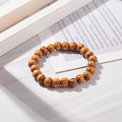 Natural Wood Round Beaded Stretch Bracelet BJEW-JB08214-1