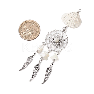 4Pcs 4 Styles Natural Shell & Synthetic Turquoise & Alloy Woven Web/Net with Feather Big Pendants PALLOY-JF03444-1
