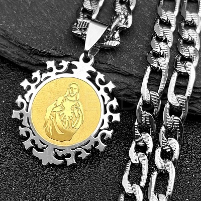 Flat Round with Virgin Pattern 201 Stainless Steel Pendant Necklaces for Men Women NJEW-K283-20G-1