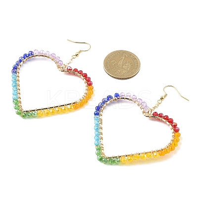Brass Heart with Glass Beaded Dangle Earrings EJEW-JE05337-1