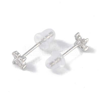 Rhodium Plated Clover 999 Fine Silver Cubic Zirconia Stud Earrings for Women EJEW-S215-16P-1