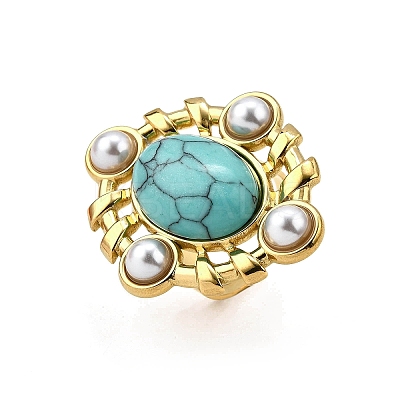 304 Stainless Steel with Turquoise and Plastic Imitation Pearl Adjustable Cuff Rings for Women RJEW-Z096-02G-01-1