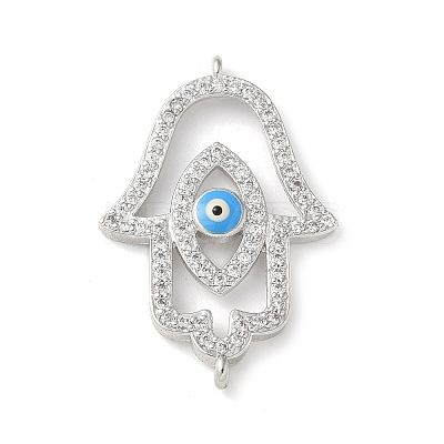 Brass Micro Pave Cleear Cubic Zirconia Evil Eye Hamsa Hand Connector Charms KK-C086-15A-P02-1