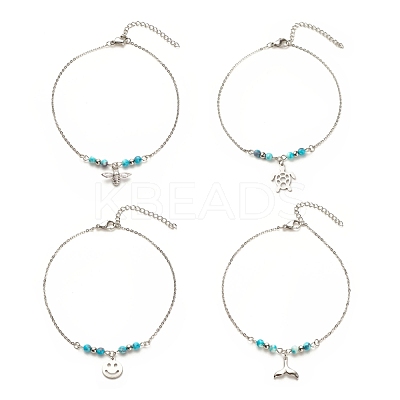 304 Stainless Steel Mixed Shape Charm Anklet with Round Natural White Jade Beads for Women AJEW-AN00498-1