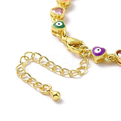 Enamel Evil Eye & Cubic Zirconia Heart Link Chain Bracelet BJEW-H555-01C-1