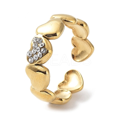 304 Stainless Steel Heart Open Cuff Ring with Crystal Rhinestone RJEW-L109-003G-1
