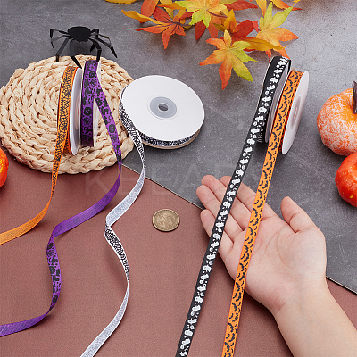5 Rolls 5 Styles Halloween Theme Polyester Printed Grosgrain Ribbon OCOR-PH0004-42-1