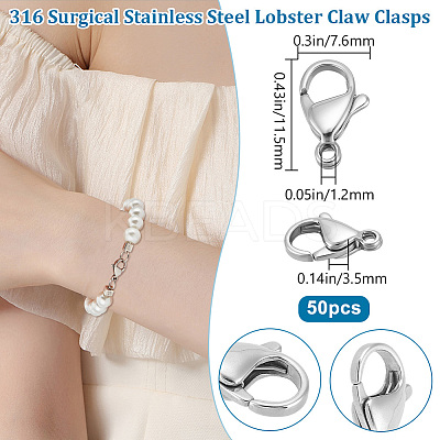 50Pcs 316 Surgical Stainless Steel Lobster Claw Clasps STAS-BBC0006-04-1