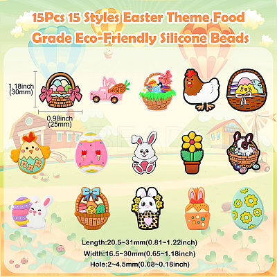 15Pcs 15 Styles Easter Theme Food Grade Eco-Friendly Silicone Beads SIL-CJ0002-71-1