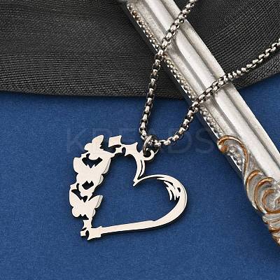 201 Stainless Steel Laser Cut Heart Butterfly Pendant Box Chain Necklaces for Women LS-NJEW-Q004-06P-1