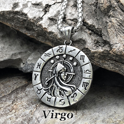 Flat Round with Engraved Twelve Constellation Alloy Pendant Necklace for Women Men WG25F4B-05-1