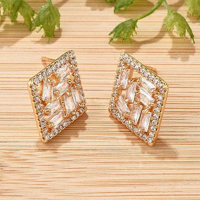 Rhombus Brass Micro Pave Clear Cubic Zirconia Stud Earrings for Women EJEW-G428-05G-1