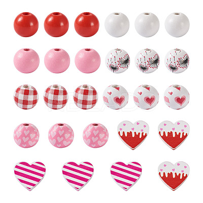 120Pcs 9 Styles Valentine's Day Painted Natural Wood Beads WOOD-KS0001-20-1