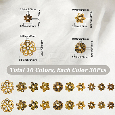 300Pcs 10 Styles Tibetan Style Alloy Bead Caps TIBE-SP0001-24-1
